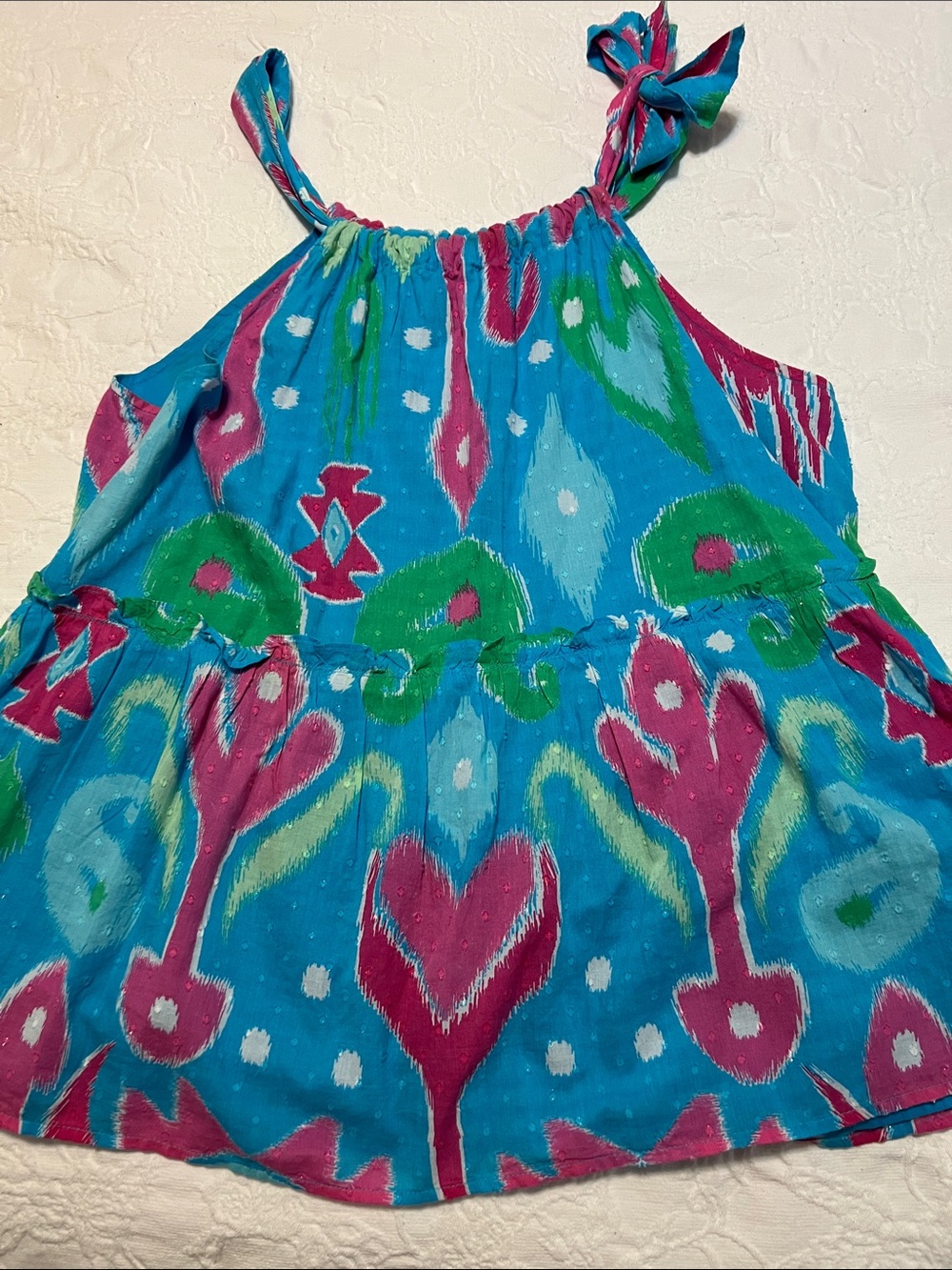 crown & ivy Teal Blue Tank with Pink and Green Ikat Print